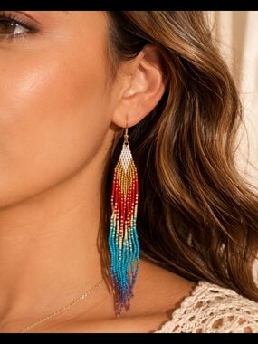 Handmade Multicolor Beaded Fringe Drop Earrings Seed Beads New